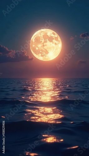 Serene full moon's reflection shimmering on tranquil ocean waves , moon, sky