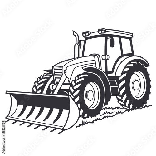 Heavy tractor with plow on grassy field farming agriculture