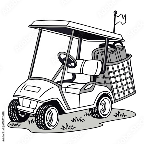 Golf cart with golf bags and flag vehicle transportation