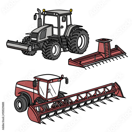 Gray and red agricultural vehicles with harvesting attachments tractor combine harvester