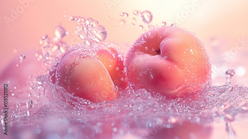 Two juicy peaches splashing in water.
