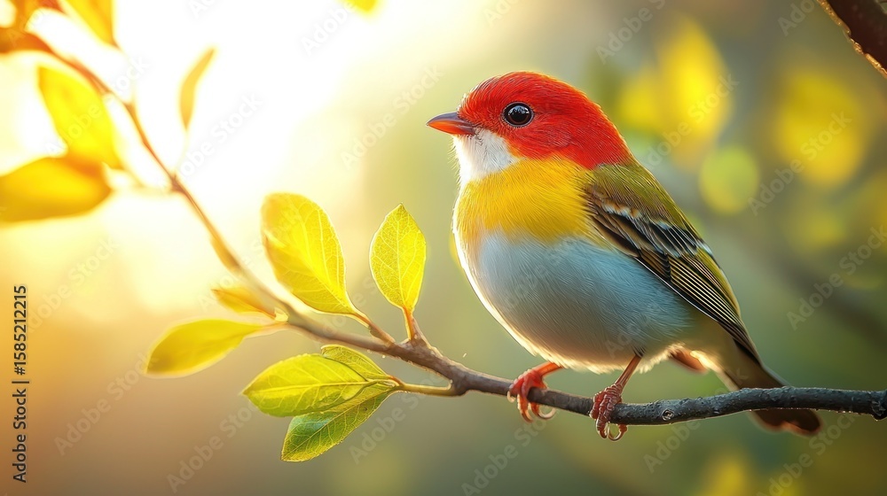 Fototapeta premium Vibrant bird perched on branch, bathed in sunlight