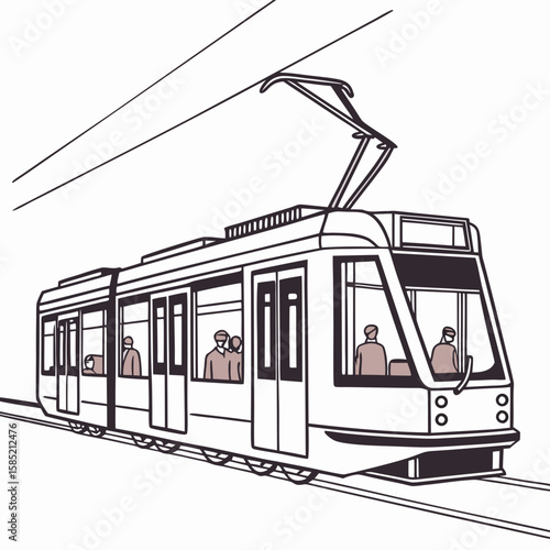 Modern tram with passengers on tracks public transport