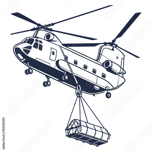 Heavy lift helicopter transporting cargo sling aviation