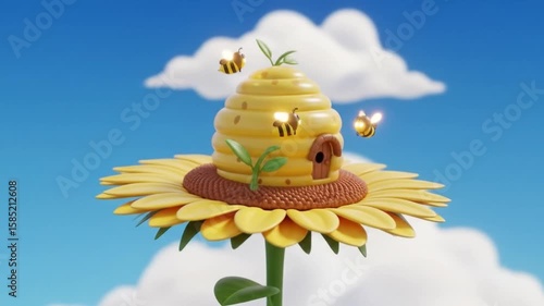 Animated cartoon beehive on a sunflower with bees flying around a sunny day