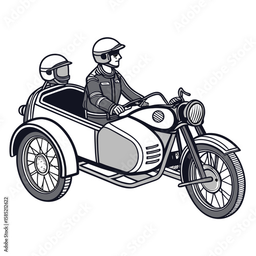 Motorcycle with sidecar and riders helmets vintage