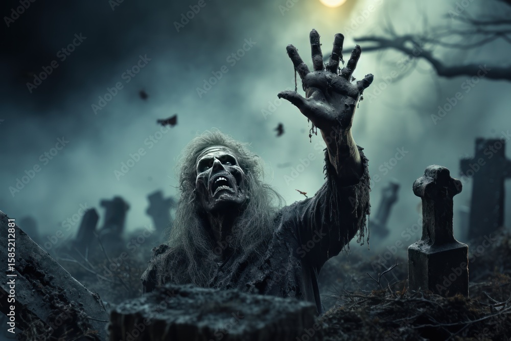 Fototapeta premium Zombie hand rising from the grave in the cemetery. Zombie hand reaching for the moon in the cemetery. Scary spooky halloween background. Zombie. Halloween. Halloween Concept with copy space. 