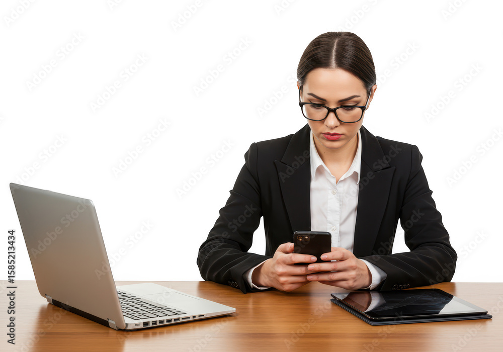 A focused businesswoman wearing glasses uses her smartphone while sitting at a desk with a laptop and tablet isolated on transparent background A focused businesswoman wearing glasses uses her smartphone while sitting at a desk with a laptop and tablet isolated on transparent background