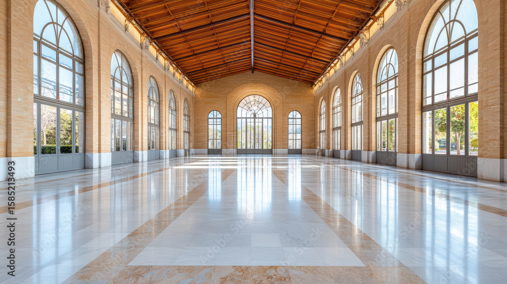 Fototapeta premium Historic train station architecture with large windows and wooden ceiling creates spacious