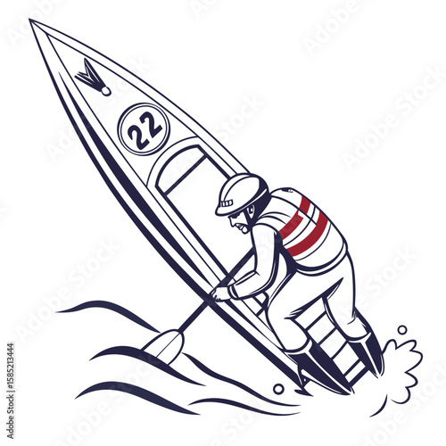 Racing kayak athlete paddling fast water