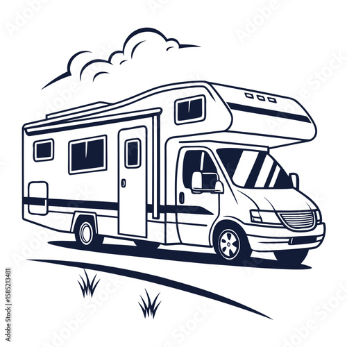 Recreational vehicle with clouds and grass camper motorhome