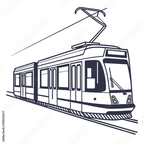 Modern tram with pantograph on tracks public transport city