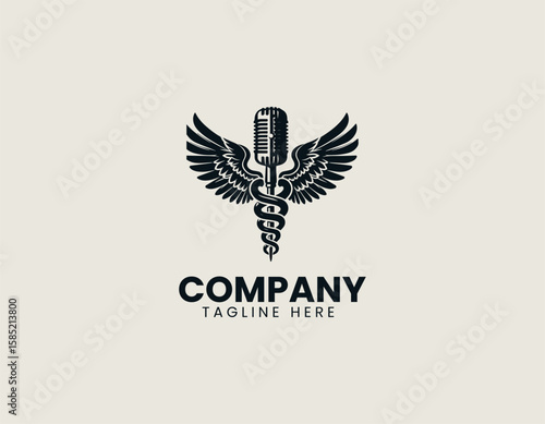Professional Microphone Caduceus Healing Sound Communication Vector Logo Design