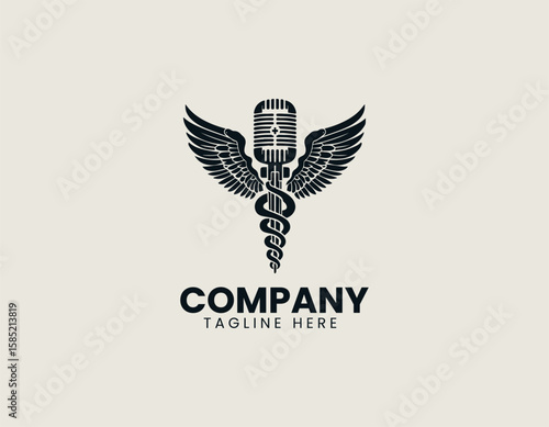 Professional Microphone Caduceus Healing Sound Communication Vector Logo Design