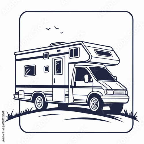 Motorhome vehicle parked on grassy hill with birds flying campervan travel