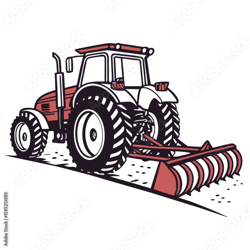 Red tractor with plow working the land farming agriculture