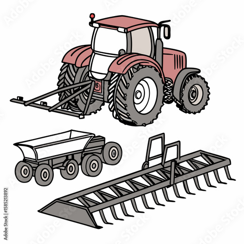 Red tractor with farm attachments farming agriculture