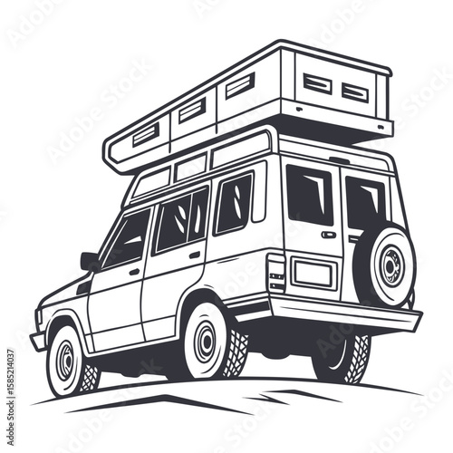 Off road vehicle with rooftop tent and spare tire motorhome campervan