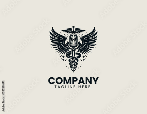 Professional Microphone Caduceus Healing Sound Communication Vector Logo Design