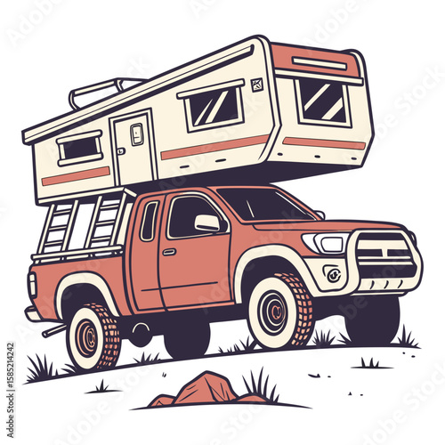 Orange pickup truck with cream camper on grassy terrain off road adventure