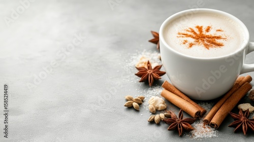 Fototapeta Naklejka Na Ścianę i Meble -  A cozy cup of spiced coffee sits on a textured surface, surrounded by aromatic spices and sweet ingredients, Ideal for blogs, recipes, or promotions related to coffee and warm beverages,