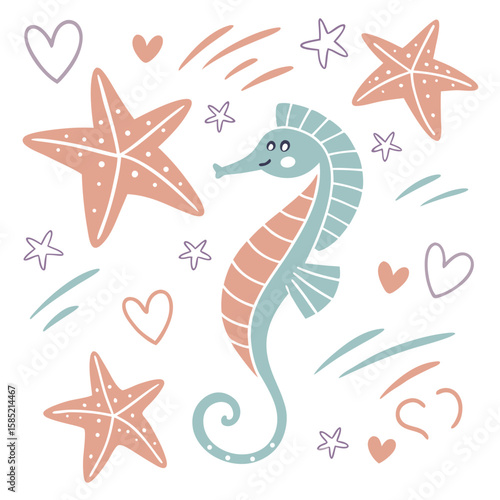 Playful sea creature with starfish and hearts seahorse sea life
