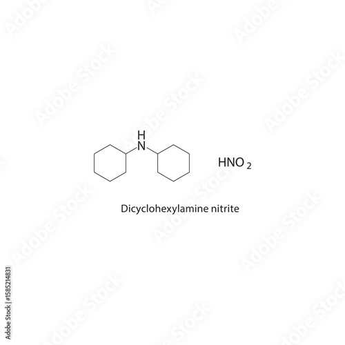 Dicyclohexylamine nitrite skeletal structure. amine salt compound schematic illustration. Simple diagram, chemical formula.