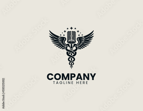 Professional Microphone Caduceus Healing Sound Communication Vector Logo Design