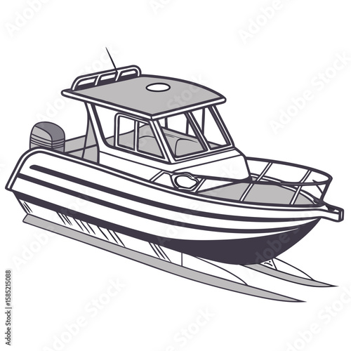 Sleek motorboat with cabin and outboard motor watercraft