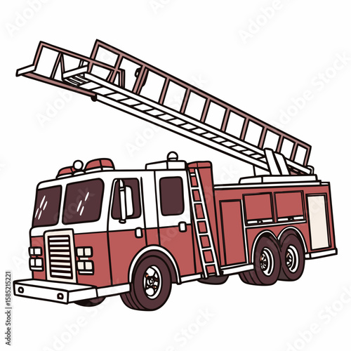 Red and white fire engine with extended ladder fire truck emergency vehicle