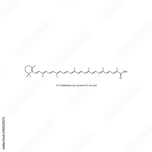 3’,4’-Didehydro-β,ψ-caroten16’-oic acid skeletal structure. carotenoid derivative compound schematic illustration. Simple diagram, chemical formula.