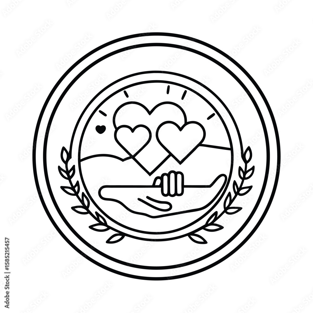Caregiver With Comforting Hand In Round Badge Symbol Of Support And Empathy vector line art on white background Caregiver With Comforting Hand In Round Badge Symbol Of Support And Empathy vector line art on white background