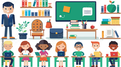 Classroom scene with teacher and students, books, and learning supplies.