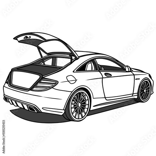 Sleek white coupe with open trunk and sunroof black