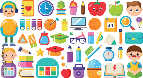 Collection of colorful, cartoonish school supplies and characters.