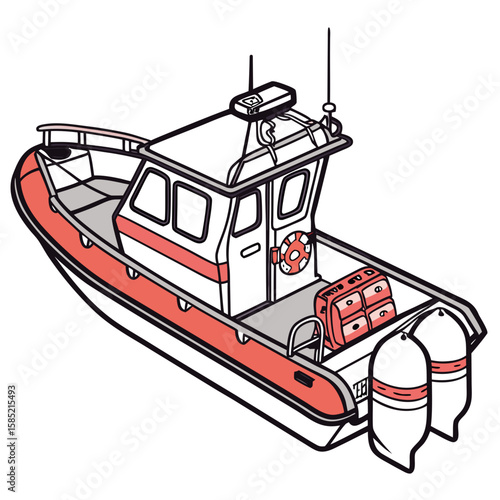 Red and white rescue boat with life preserver and luggage marine watercraft
