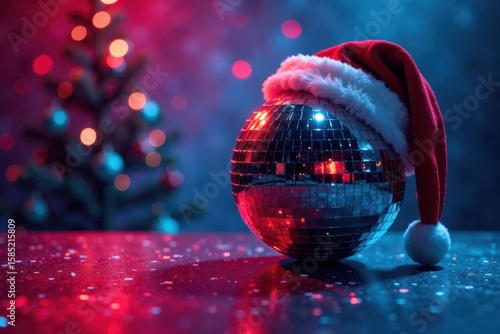 Disco ball wears Santa hat, festive Christmas rave, party, christmas