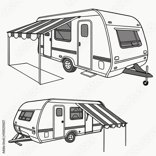 Striped awning on white travel trailer caravan outdoor