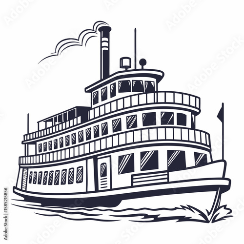 Steamboat sailing on water with smoke ship travel