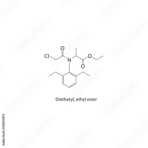 Diethatyl, ethyl ester skeletal structure. herbicide ester compound schematic illustration. Simple diagram, chemical formula.
