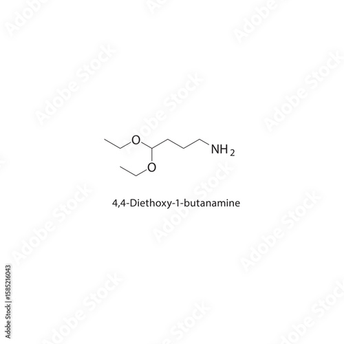4,4-Diethoxy-1-butanamine skeletal structure. ether amine compound schematic illustration. Simple diagram, chemical formula.