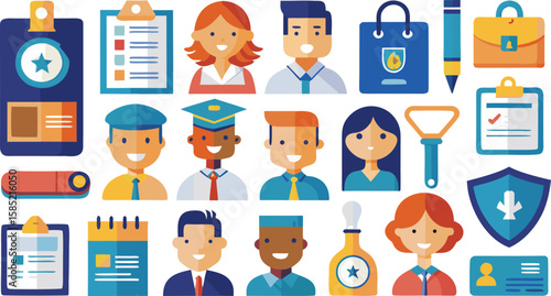 Flat design icons representing various professions and office supplies.