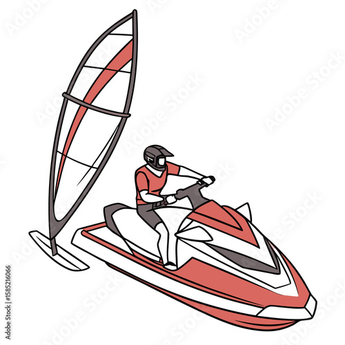 Rider on red and white jet ski with sail watercraft helmet