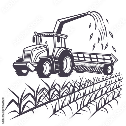 Tractor harvesting crops in field harvester agriculture