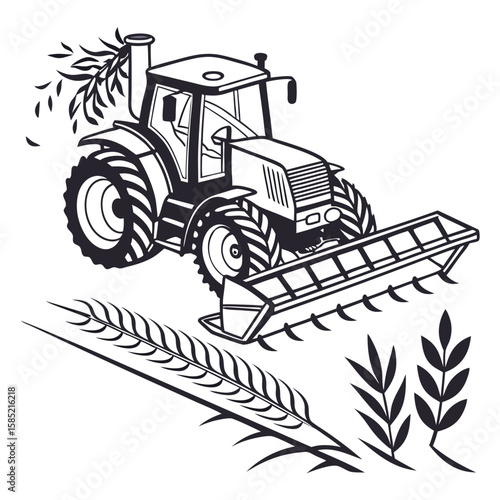Tractor harvesting grain with wheat stalks harvester