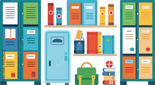 Colorful school lockers and shelves filled with books and school supplies, ready for use.