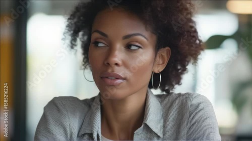 Young, ethnically diverse professional woman in an office, looking up with a contemplative expression. Business attire and modern style.