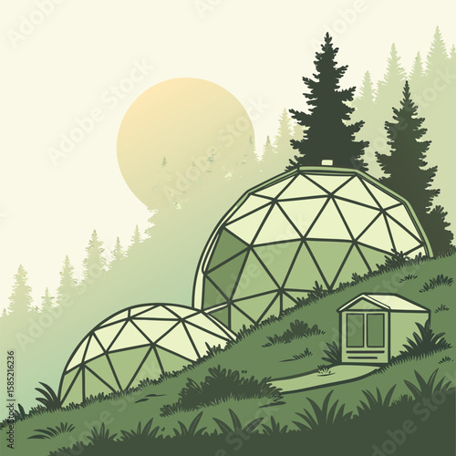 Illustration of two geodesic domes and a small building on a grassy hill with trees and a sun backdrop