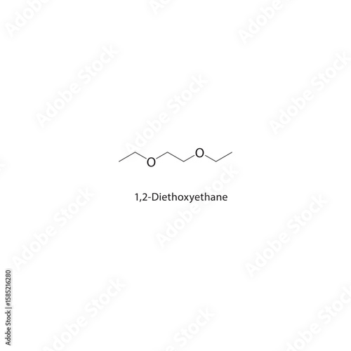 1,2-Diethoxyethane skeletal structure. ether solvent compound schematic illustration. Simple diagram, chemical formula.