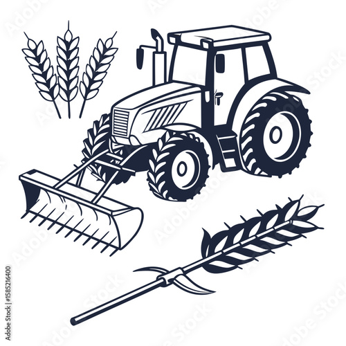 Tractor with agricultural tools and wheat farming agriculture